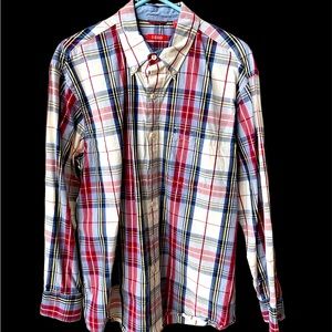 Mens IZOD Button-Down, Long Sleeve Polo, Size Large in Red, White, Blue